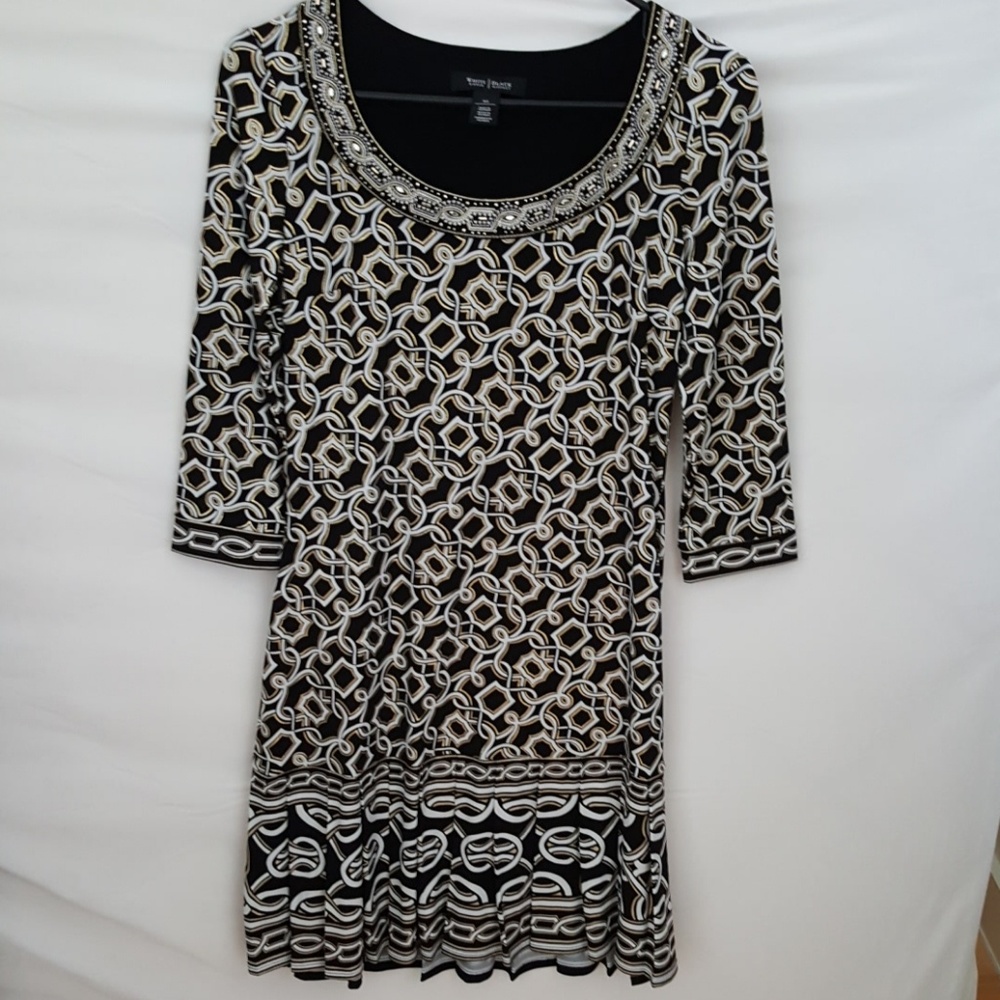 Cache black, gold beaded, 3/4 sleeve dress